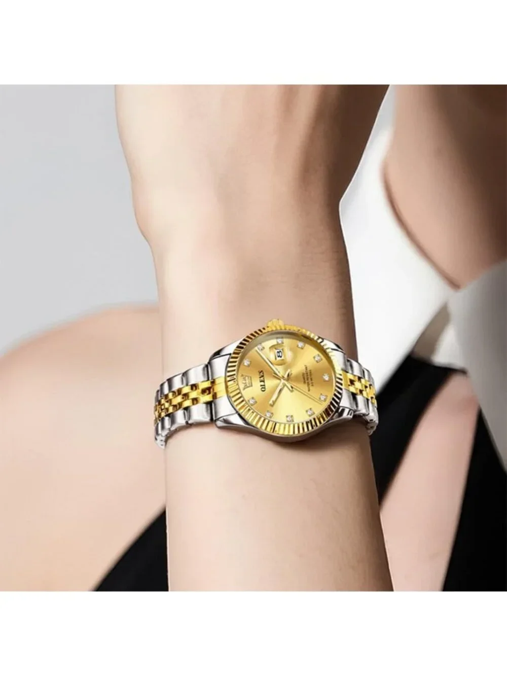 Women's Gold Two Tone Luxury Dress Diamond Stainless Steel Waterproof Wristwatch